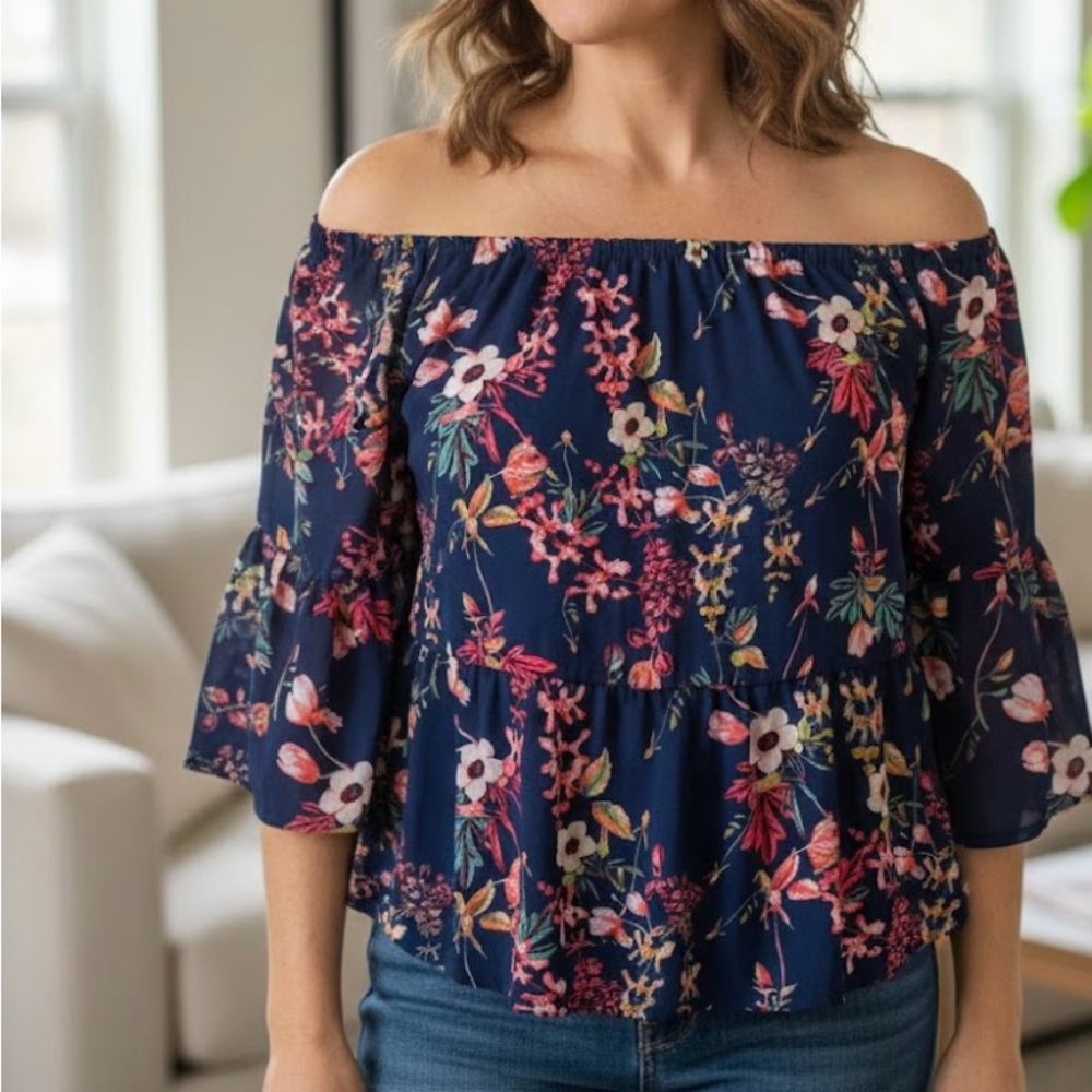 a.n.a Navy Floral Off-Shoulder Blouse